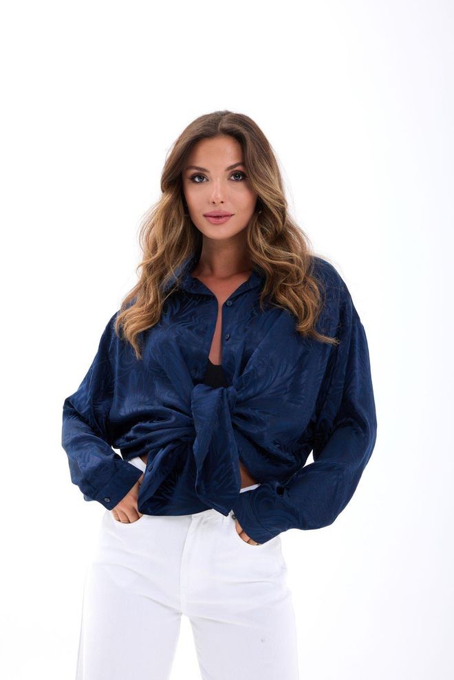 Fame Темно синяя Рубашка Oversize С Мраморным Узором И Короткой Длиной Оптовая продажа одежды Повседневный