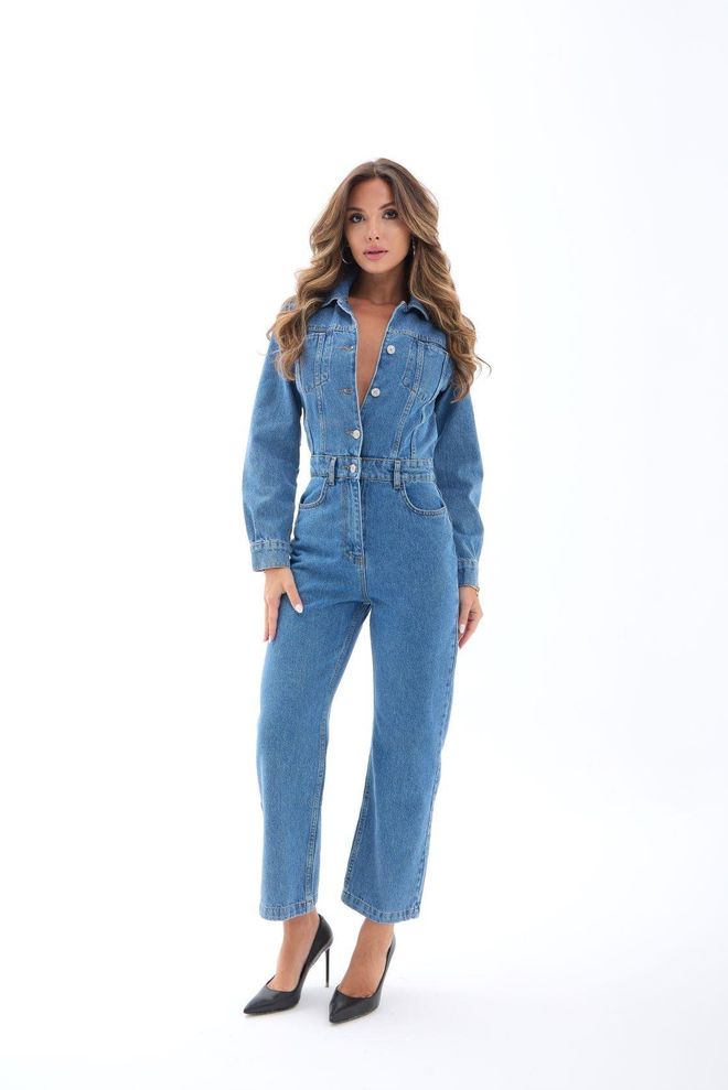 Fame Blue Jumpsuit Boilersuit With Patch Pocket & Shawl Collar Wholesale Clothing Casual