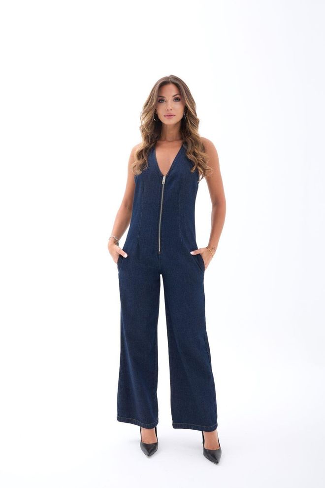 Fame Navy Blue Sleeveless V Neck Jumpsuit Wholesale Clothing Casual