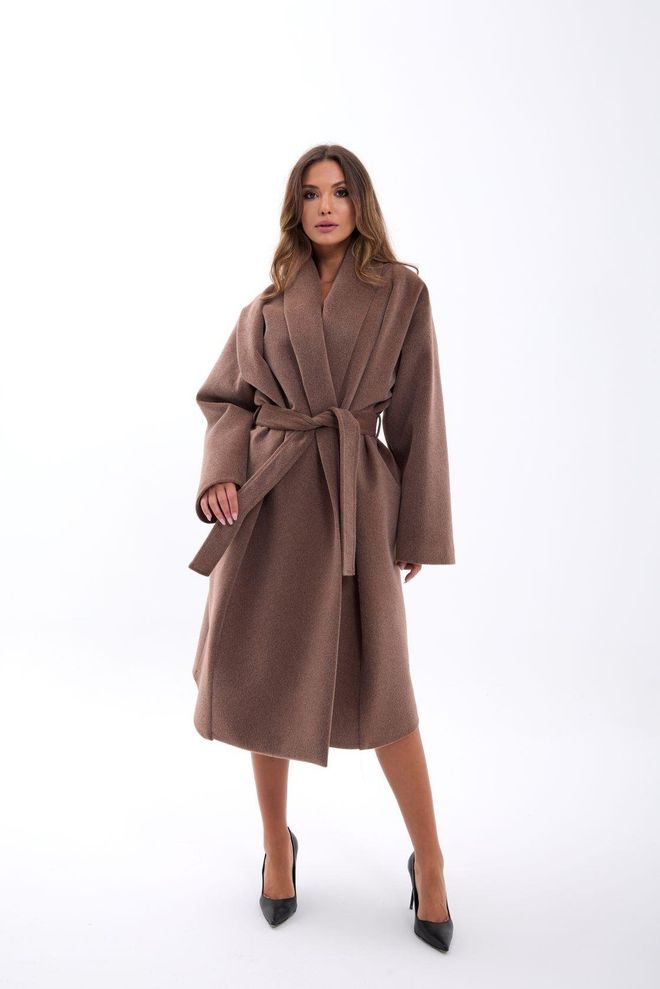 Fame Brown Elegant Wrapover Coat With Notched Collar Wholesale Clothing Modest