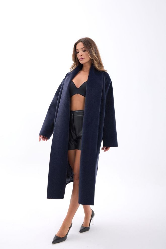 Fame Navy Blue Wrapover Coat With Tie Closure Wholesale Clothing Casual