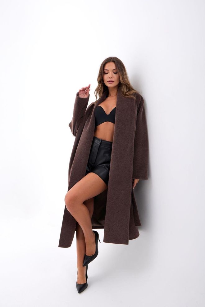 Fame Brown Oversized Wrapover Coat With Band Collar Wholesale Clothing Modest