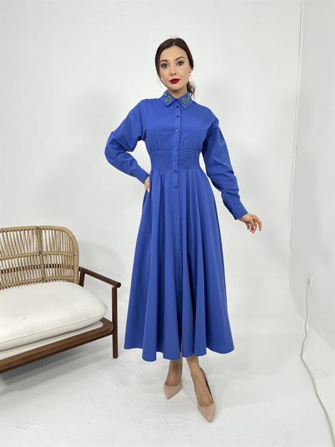 Fame Blaues Bescheidenes Elegantes Formelles Lässiges Hemdkleid Großhandelskleidung Modest