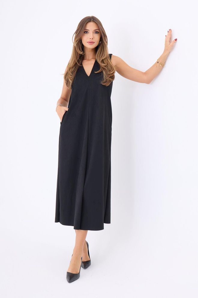 Fame Μαύρο Κομψό Μίντι Φόρεμα A line Με V λαιμόκοψη Χονδρικό εμπόριο ενδυμάτων Εργασία