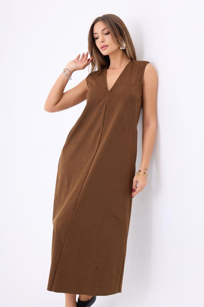 Fame Καφέ Κομψό Αμάνικο Φόρεμα Shift Με V Λαιμόκοψη Και Μανίκι Καπελάκι Midi Χονδρικό εμπόριο ενδυμάτων 1