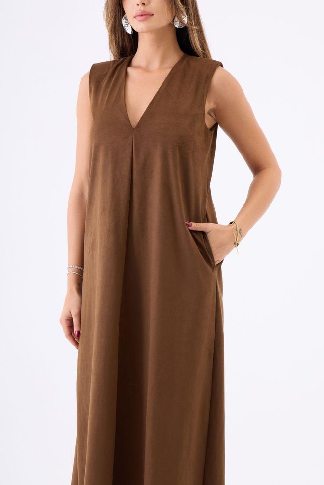 Fame Καφέ Κομψό Αμάνικο Φόρεμα Shift Με V Λαιμόκοψη Και Μανίκι Καπελάκι Midi Χονδρικό εμπόριο ενδυμάτων Επίσημο