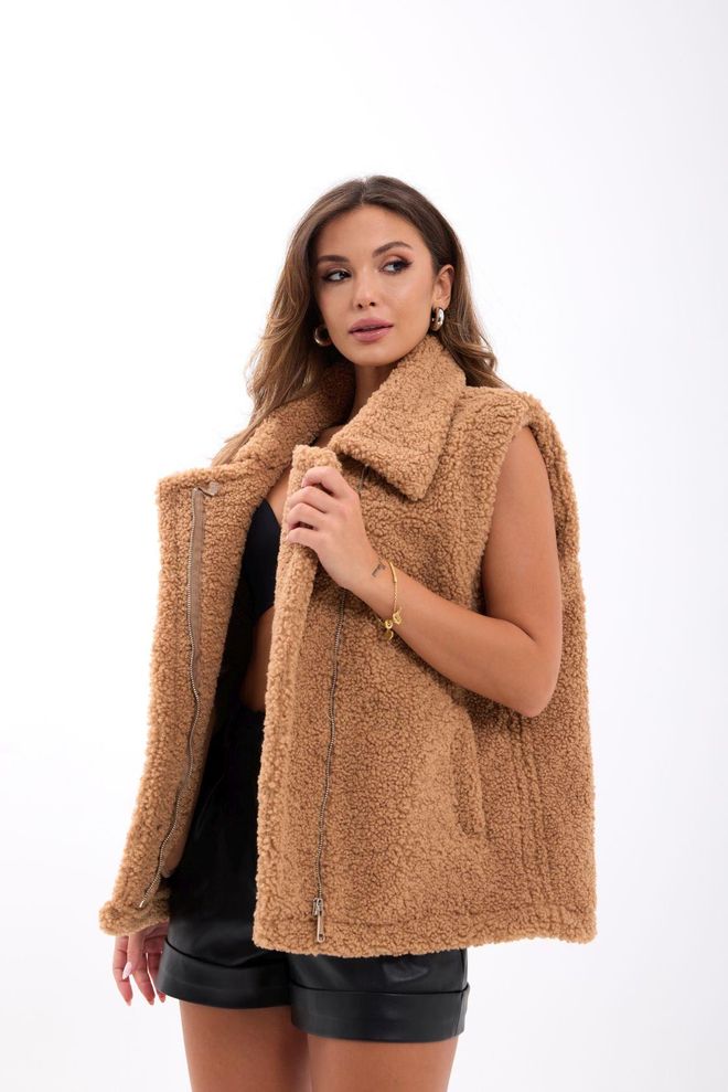 Fame Colete Castanho Oversized Casual Com Fecho Éclair Roupas por atacado Casual