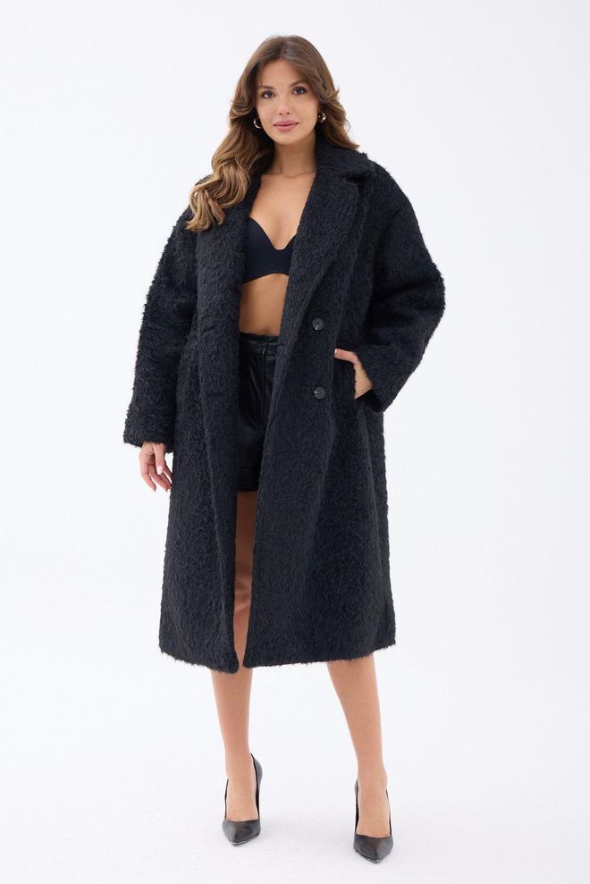 Fame Schwarzer Eleganter Oversized Einreihiger Fellmantel Großhandelskleidung Lässig