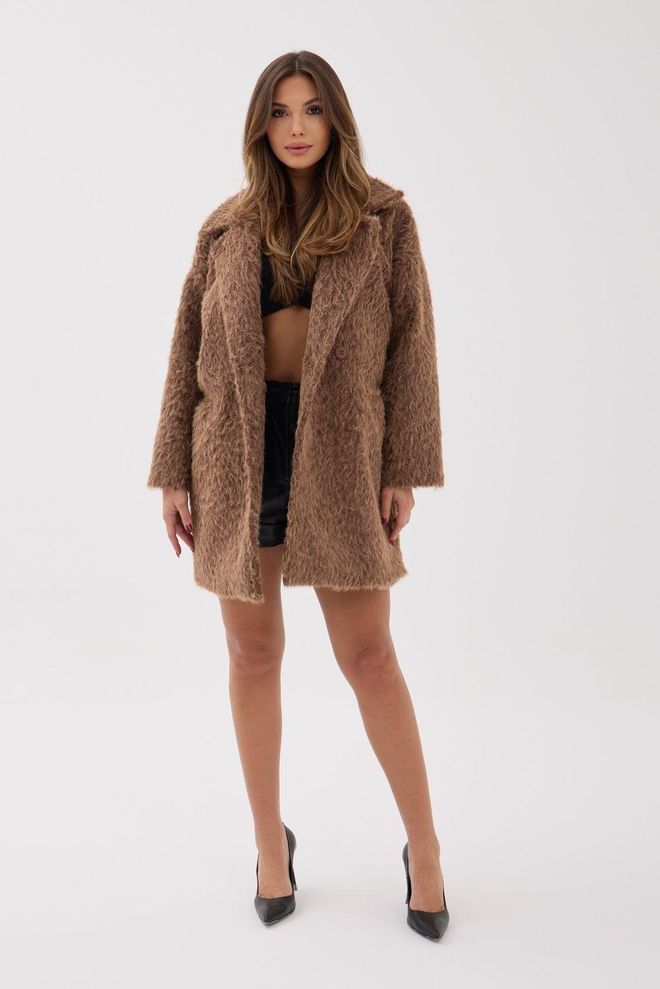 Fame Cappotto Doppiopetto In Pelliccia Marrone Con Colletto Dentellato Abbigliamento all'ingrosso Casuale