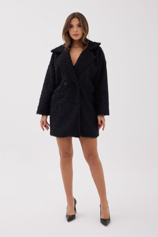 Fame Cappotto Nero Elegante Monopetto In Pelliccia Con Bottoni Abbigliamento all'ingrosso Annata