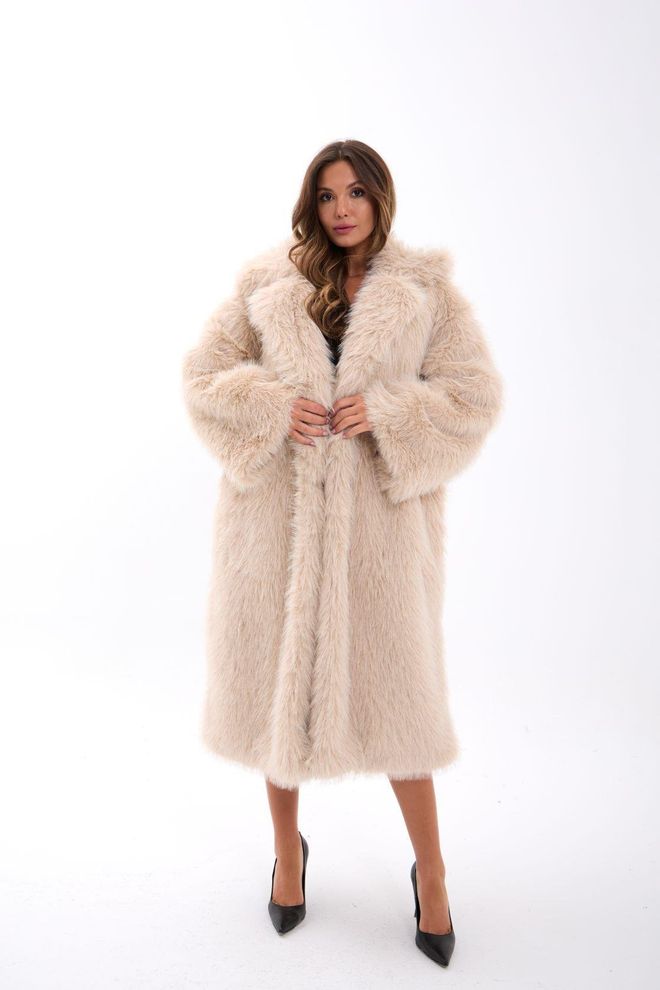 Fame Cappotto Lungo Elegante Beige In Pelliccia Oversize Abbigliamento all'ingrosso Annata