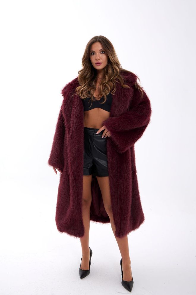 Fame Cappotto In Pelliccia Bordeaux Oversize Elegante Abbigliamento all'ingrosso Annata