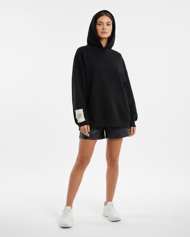 Fame قميص من النوع الثقيل أسود بمقاس كبير مع رقبة مقنعين ملابس بالجملة غير رسمي