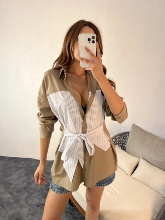 A model wears 16783 - Shirt - White Coffee, wholesale Shirt of Fame to display at Lonca