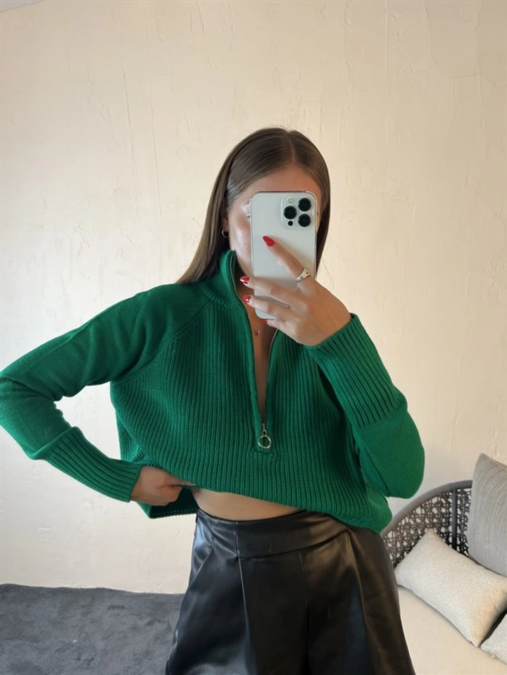 Een kledingmodel uit de groothandel draagt 29494 - Sweater - Green, Turkse groothandel Trui van Fame