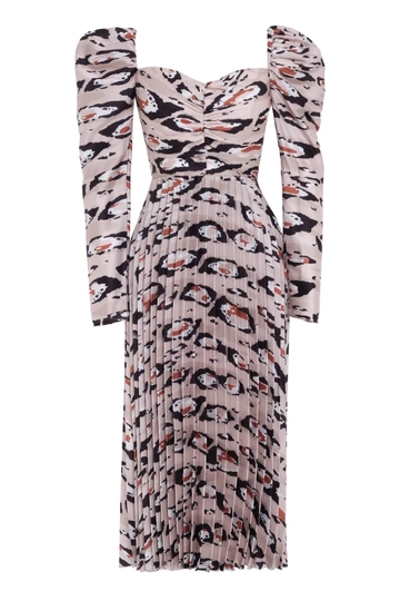 A wholesale clothing model wears  Printed Satin Long Sleeve Maxi Dress - Stone
, Turkish wholesale Dress of Fervente