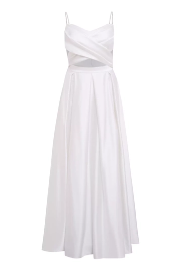 A wholesale clothing model wears  White Plus Size Satin Sleeveless Long Dress
, Turkish wholesale Dress of Fervente