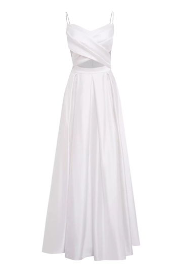 A wholesale clothing model wears  White Satin Sleeveless Long Dress
, Turkish wholesale Dress of Fervente