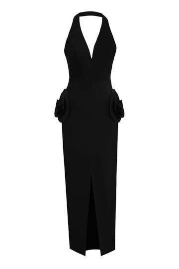 Una modelo de ropa al por mayor lleva  Vestido Largo Sin Mangas De Crepé Negro
, Vestido turco al por mayor de Fervente