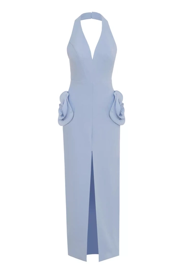 Ein Bekleidungsmodell aus dem Großhandel trägt  Blaues  Ärmelloses Langes Crêpe-Kleid
, türkischer Großhandel Kleid von Fervente