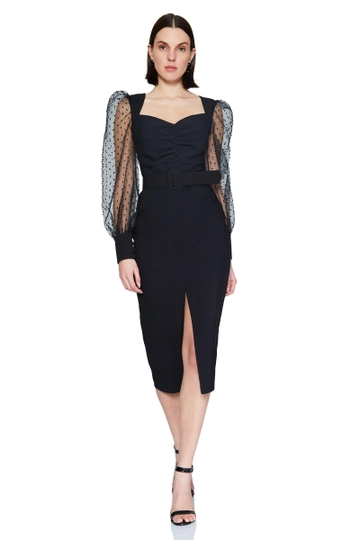 A wholesale clothing model wears  Black Crepe Long Sleeve Midi Dress
, Turkish wholesale Dress of Fervente