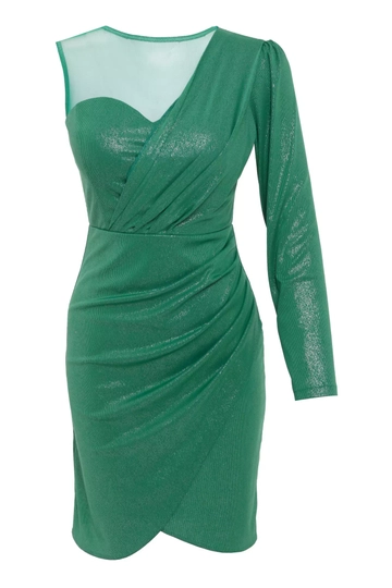 Модель оптовой продажи одежды носит  Зеленое Мини-платье С Одним Рукавом Из Тюля
, турецкий оптовый товар Одеваться от Fervente.
