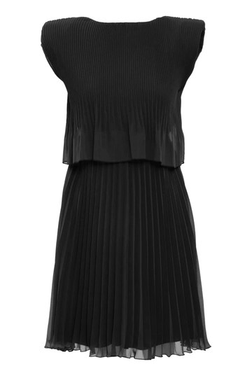 Bir model, Fervente toptan giyim markasının  Siyah Şifon Kolsuz Mini Elbise
 toptan Elbise ürününü sergiliyor.