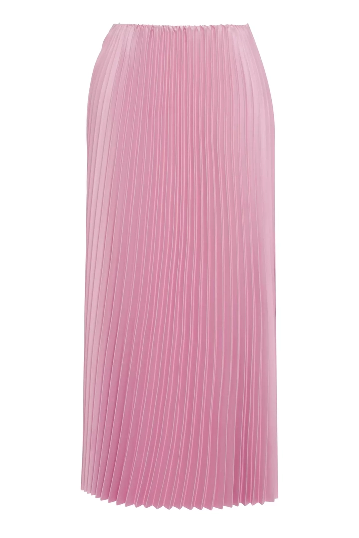 A wholesale clothing model wears frv12381-pink-satin-sleeveless-maxi-skirt, Turkish wholesale Skirt of Fervente