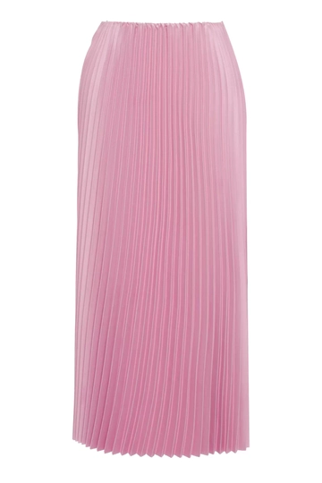 A wholesale clothing model wears  Pink Satin Sleeveless Maxi Skirt
, Turkish wholesale Skirt of Fervente
