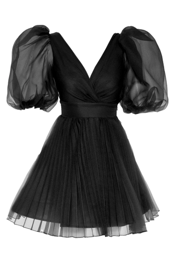 A wholesale clothing model wears  Black Tulle Short Sleeve Mini Dress
, Turkish wholesale Dress of Fervente