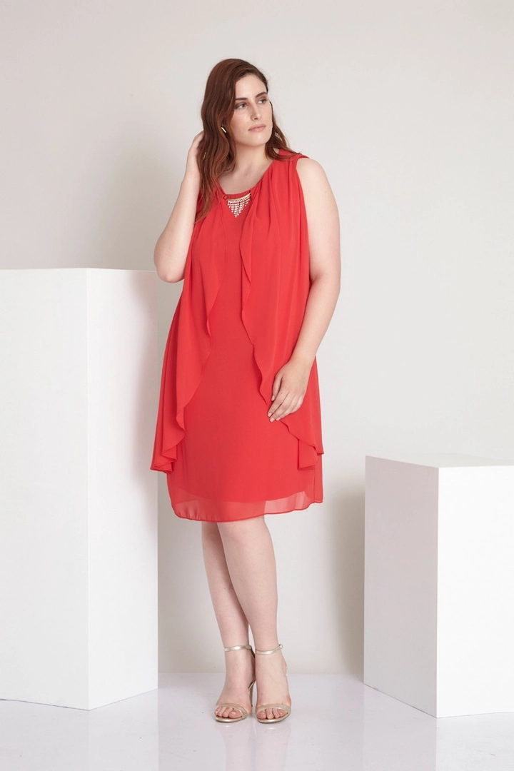A wholesale clothing model wears FRV10131 - Plus Size Chiffon Sleeveless Mini Dress, Turkish wholesale Dress of Fervente