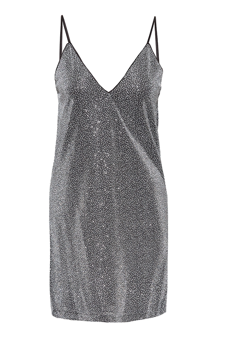 Bir model, Fervente toptan giyim markasının FRV10252 - Mini Dress - Silver toptan Elbise ürününü sergiliyor.