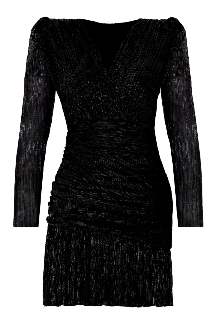 A wholesale clothing model wears FRV10396 - Plus Size Simli Long Sleeve Midi Dress, Turkish wholesale Dress of Fervente