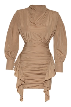 Ένα μοντέλο χονδρικής πώλησης ρούχων φοράει FRV10414 - Beige Long Sleeve Mini Dress, τούρκικο Φόρεμα χονδρικής πώλησης από Fervente
