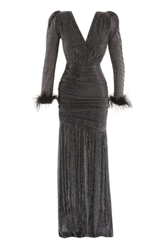 A wholesale clothing model wears FRV10550 - Black-silver Long Sleeve Maxi Dress, Turkish wholesale Dress of Fervente