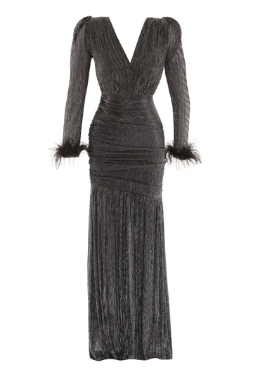 A wholesale clothing model wears  Black-silver Long Sleeve Maxi Dress
, Turkish wholesale Dress of Fervente