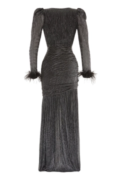 A wholesale clothing model wears FRV10550 - Black-silver Long Sleeve Maxi Dress, Turkish wholesale Dress of Fervente