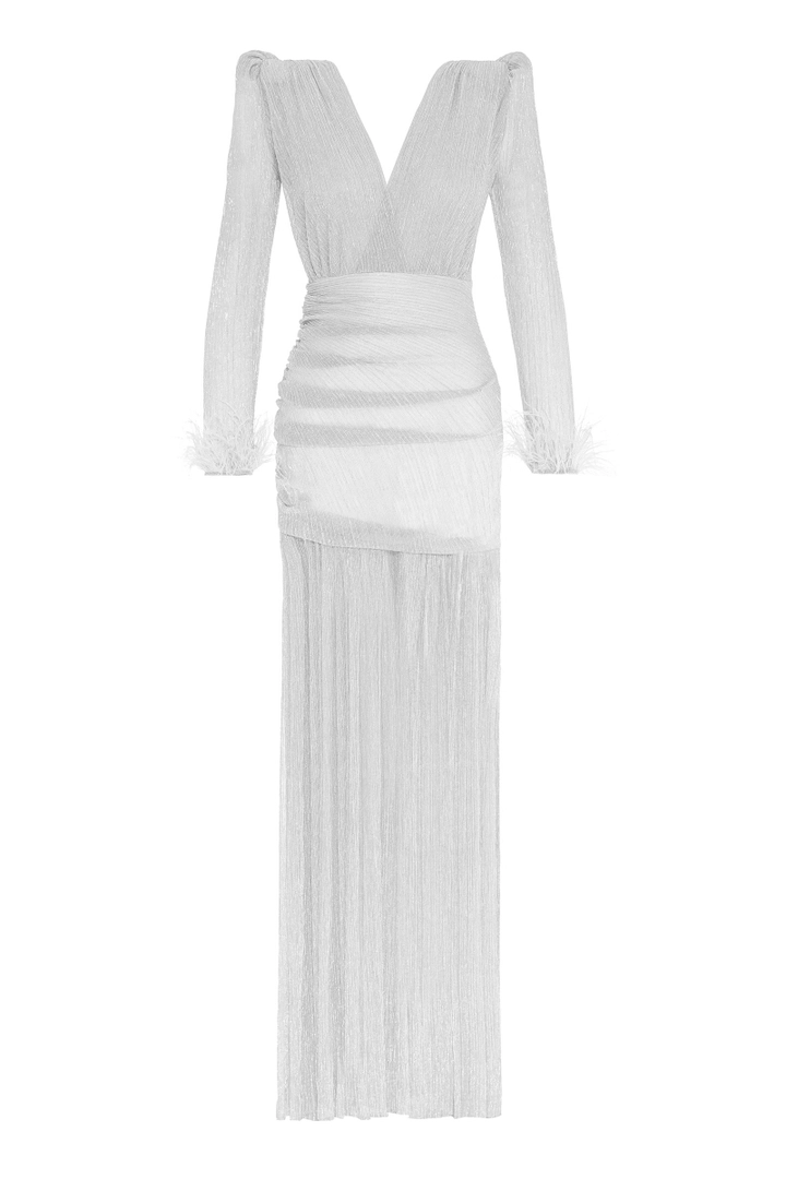 A wholesale clothing model wears FRV10551 - Silver Long Sleeve Maxi Dress, Turkish wholesale Dress of Fervente