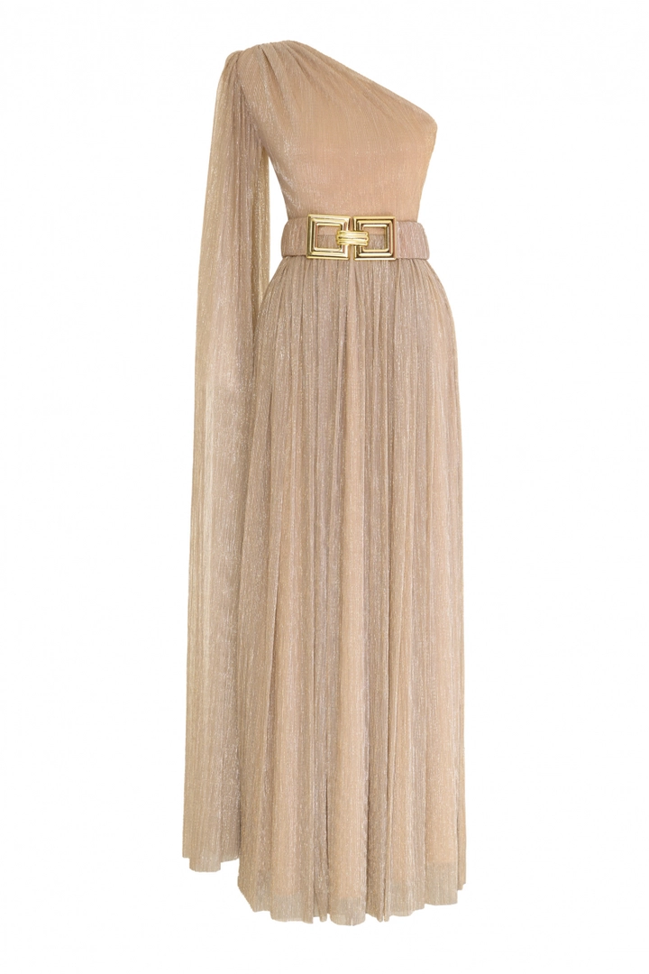 A wholesale clothing model wears FRV10598 - Moonlight Single Sleeve Maxi Dress, Turkish wholesale Dress of Fervente