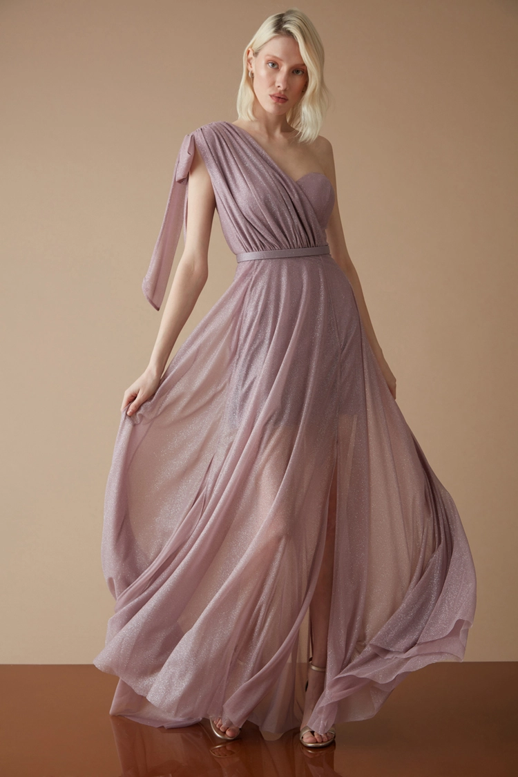 A model wears FRV10528 - Lilac Tulle Single Sleeve Maxi Dress, wholesale Dress of Fervente to display at Lonca