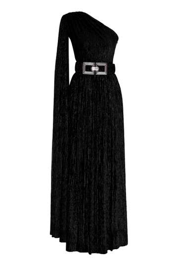 A wholesale clothing model wears  Black Single Sleeve Maxi Dress
, Turkish wholesale Dress of Fervente