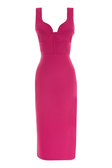 Ein Bekleidungsmodell aus dem Großhandel trägt  Ärmelloses Maxikleid Aus Fuchsiafarbenem Krepp
, türkischer Großhandel Kleid von Fervente