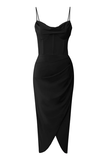 Ein Bekleidungsmodell aus dem Großhandel trägt  Schwarzes  Ärmelloses Langes Sandy-Kleid
, türkischer Großhandel Kleid von Fervente