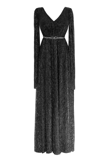 Bir model, Fervente toptan giyim markasının  Siyah Gümüş Büyük Beden Ayışığı Uzun Kol Maxi Elbise
 toptan Elbise ürününü sergiliyor.