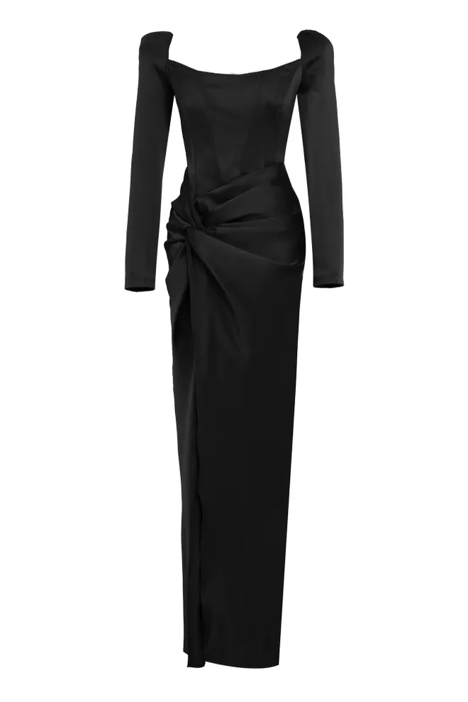 Umay Black Satin Long Sleeve Long Dress Wholesale Clothing Elegant
