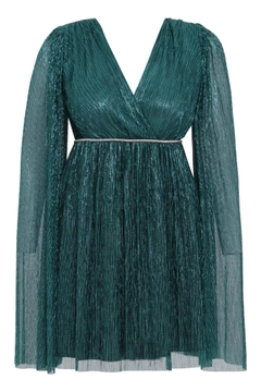 A wholesale clothing model wears frv11861-green-plus-size-silvery-long-sleeve-mini-dress, Turkish wholesale Dress of Fervente