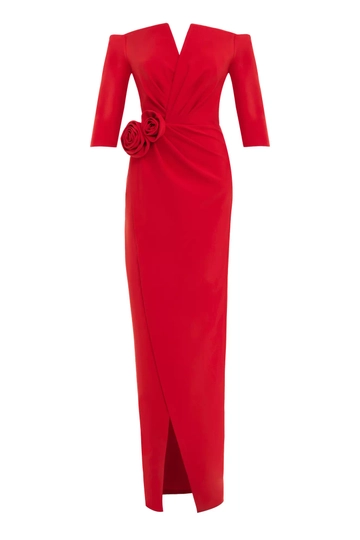Veľkoobchodný model oblečenia nosí  Červené krepové Capri dlhé šaty na ruky
, turecký veľkoobchodný Šaty od Fervente