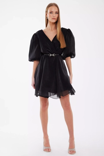 A wholesale clothing model wears  Black Tulle Short Sleeve Mini Dress
, Turkish wholesale Dress of Fervente