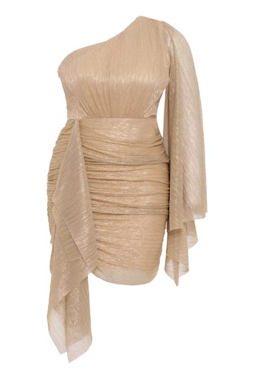 A wholesale clothing model wears  Gold Plus Size Moonlight Single Sleeve Mini Dress
, Turkish wholesale Dress of Fervente