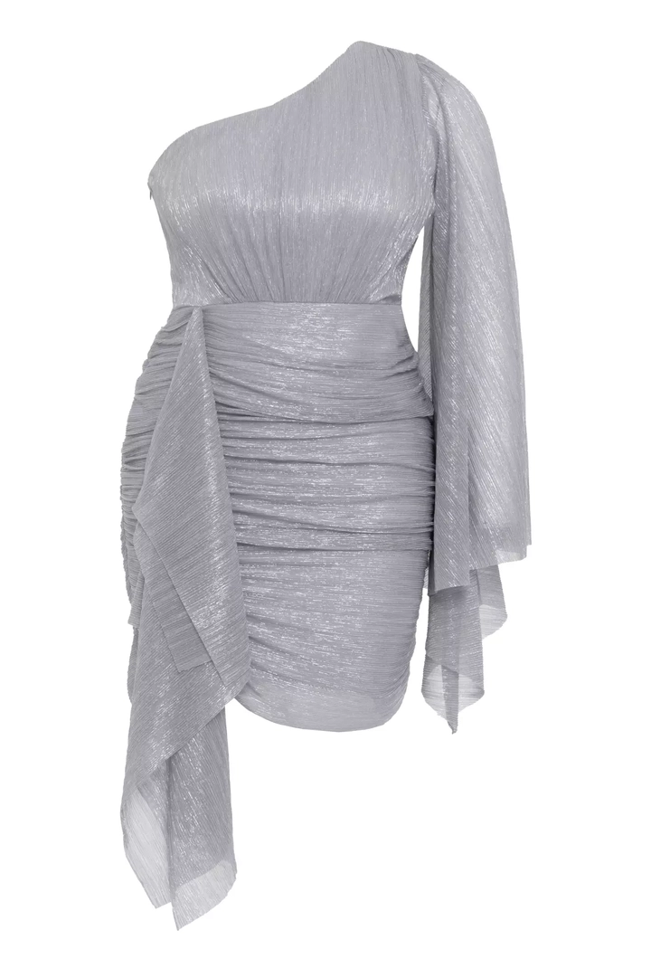 A wholesale clothing model wears frv12095-silver-plus-size-moonlight-single-sleeve-mini-dress, Turkish wholesale Dress of Fervente